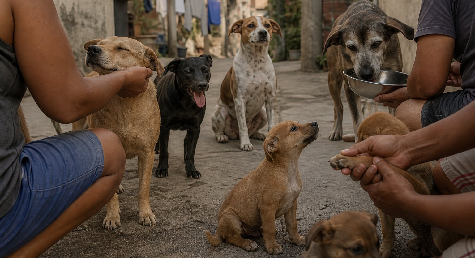 Cães sendo cuidados por moradores da comunidade